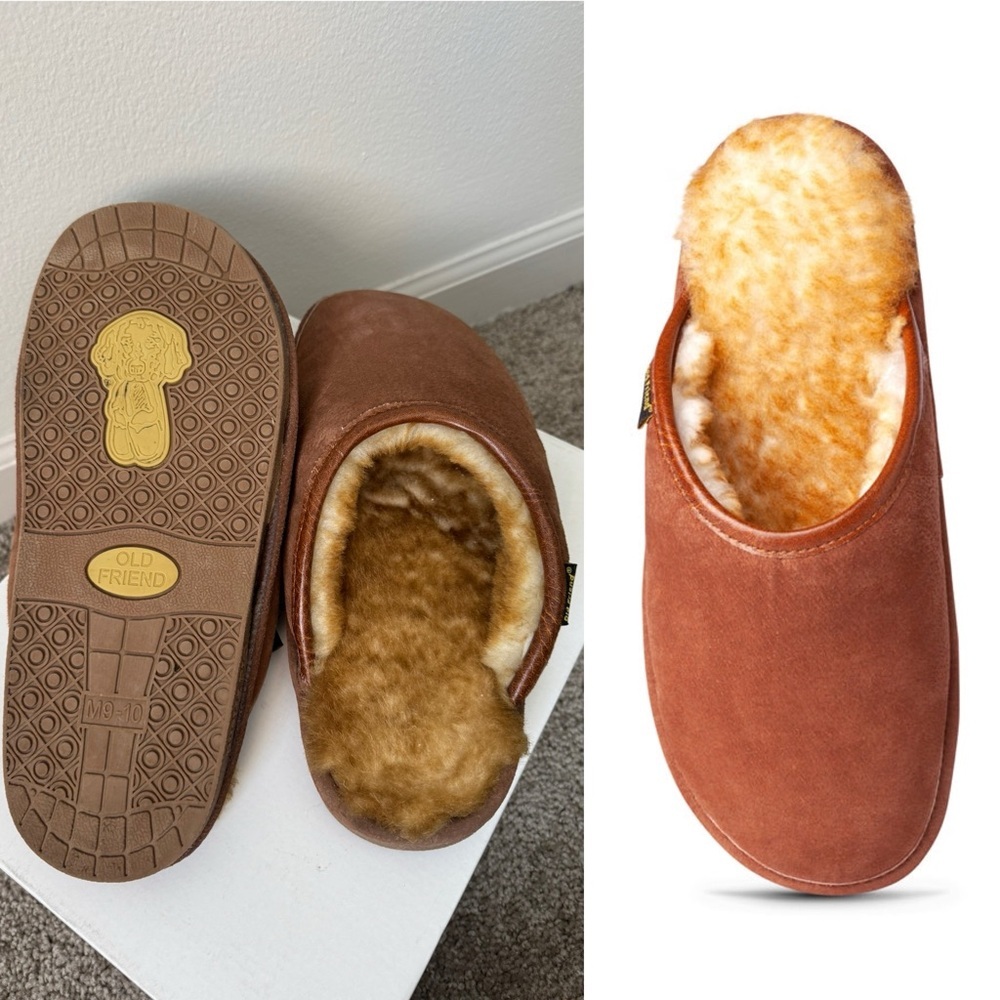 Old Friend Men’s Wide Sheepskin-lined Scuff Slipper Leather Size 9-10